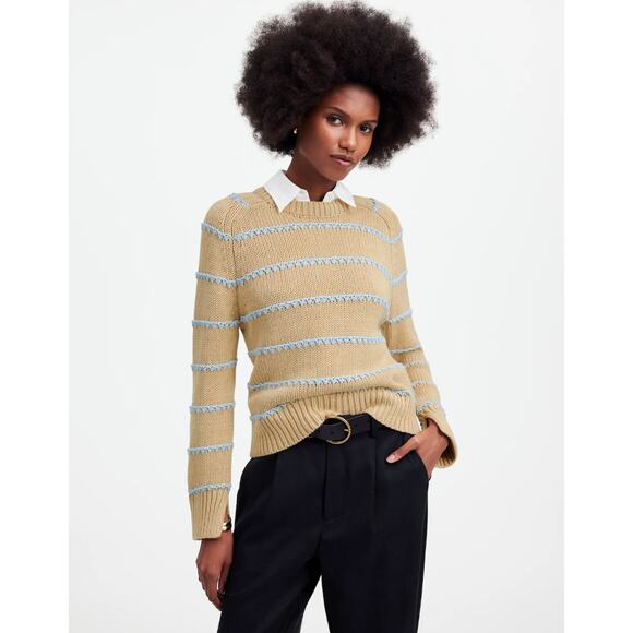 Madewell Sweaters - MADEWELL Textured Cotton Crewneck Sweater Stripe Cream Pale Blue Sz M $98 {3A45}